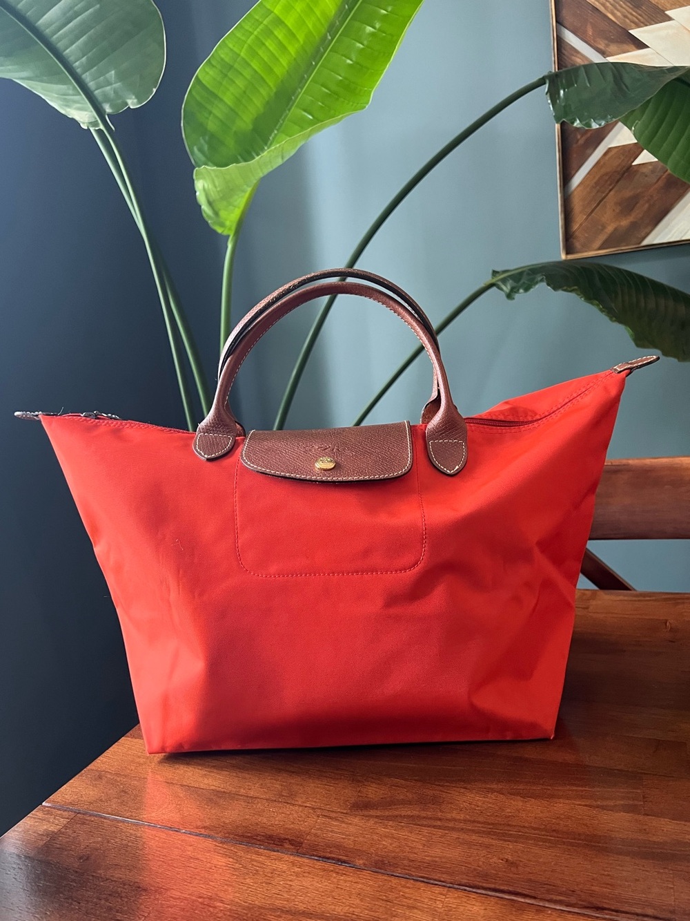 Longchamp Le Pliage Original M Medium Tote Orange P85 Brown Leather